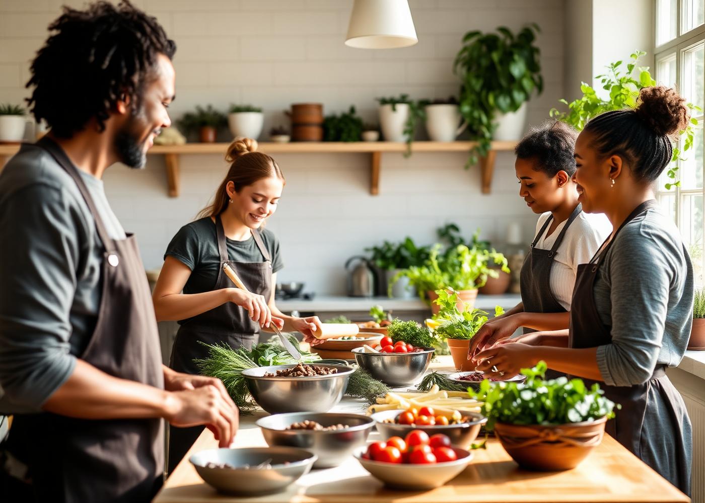 People preparing fresh, healthy food together in a bright kitchen